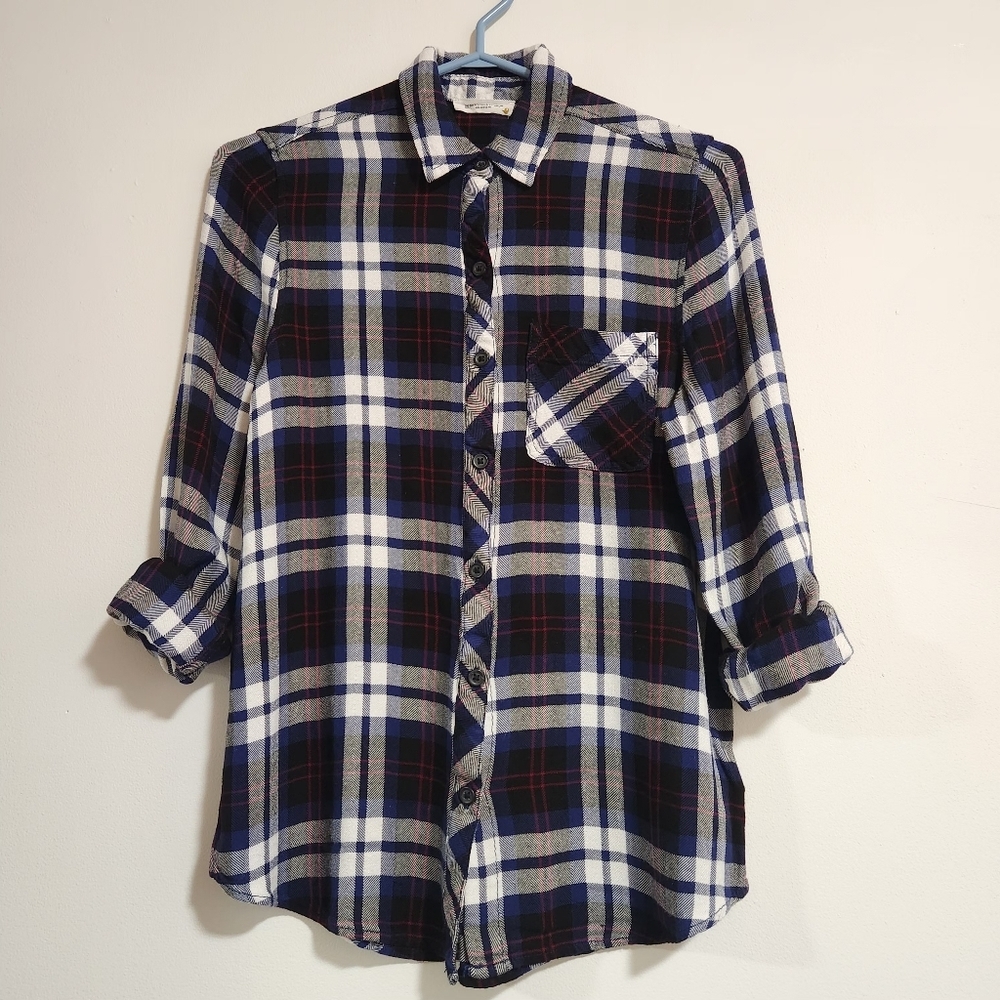 BeachLunchLounge Cottagecore Plaid Button Down Shirt Blue Long Sleeves Small